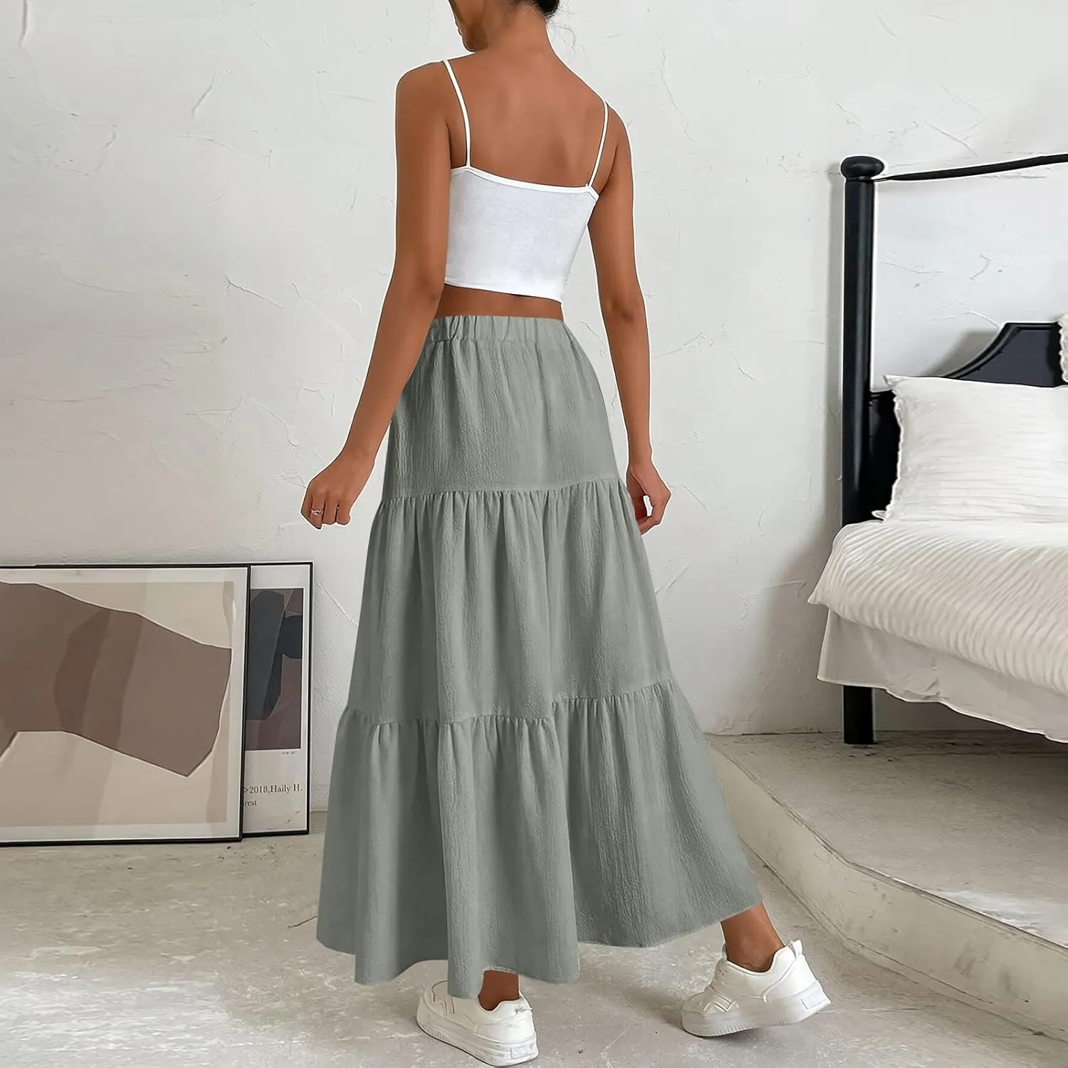 Long Skirts for Women Trendy High Waisted Tiered A Line Linen Skirt Casual Flowy Pleated Beach Maxi Skirts with Tie