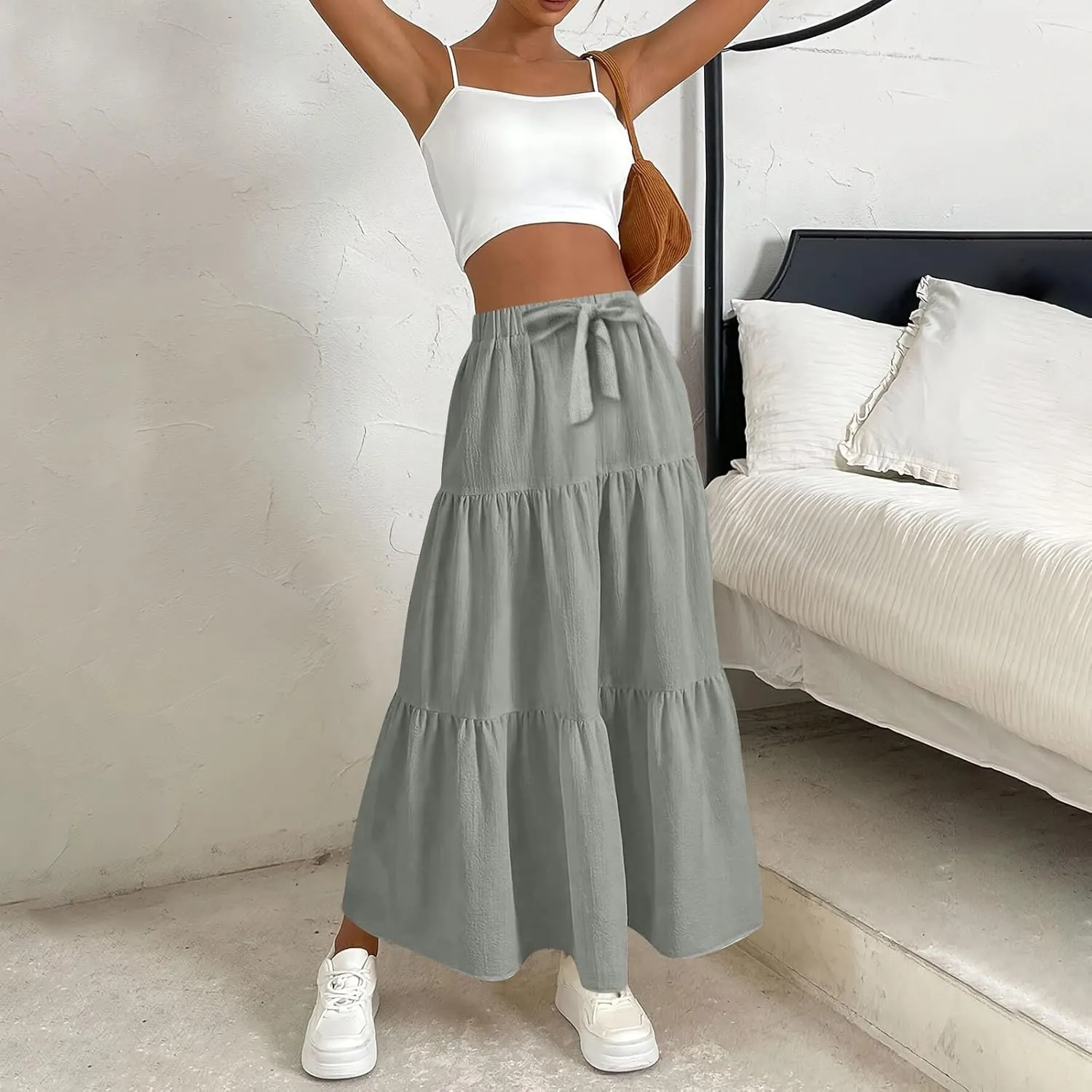Long Skirts for Women Trendy High Waisted Tiered A Line Linen Skirt Casual Flowy Pleated Beach Maxi Skirts with Tie