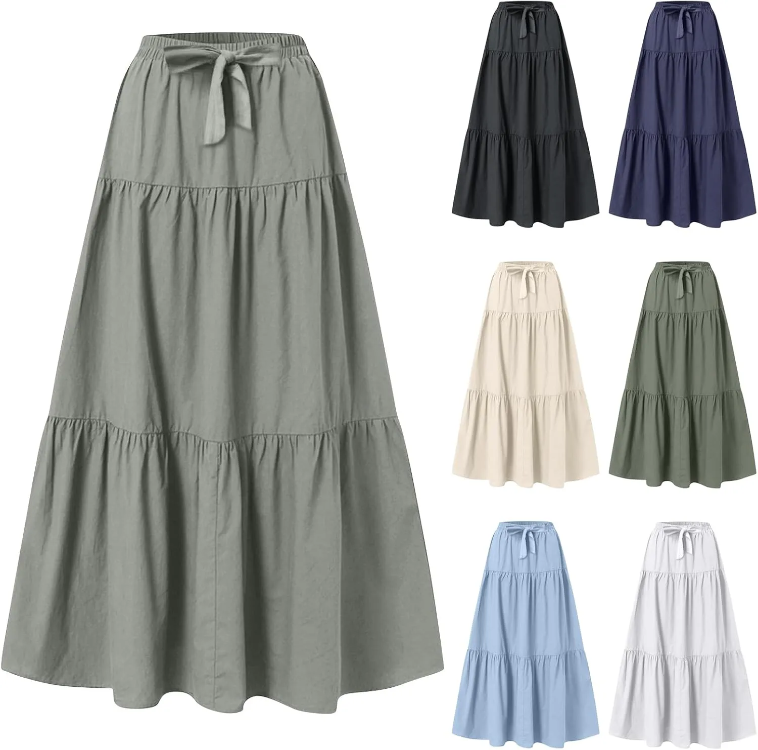 Long Skirts for Women Trendy High Waisted Tiered A Line Linen Skirt Casual Flowy Pleated Beach Maxi Skirts with Tie