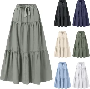 Long Skirts for Women Trendy High Waisted Tiered A Line Linen Skirt Casual Flowy Pleated Beach Maxi Skirts with Tie