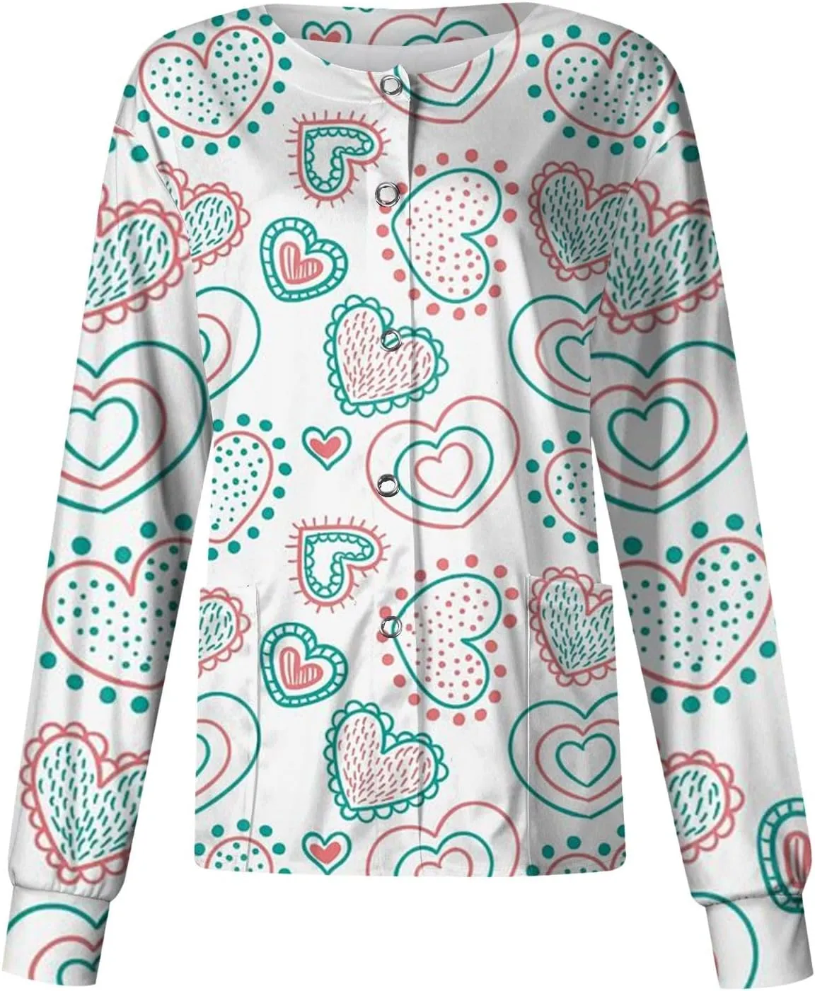 Long Sleeve Scrub Jackets Print Scrub Jackets for Women Snap Front Cute Animals Pattern Medical Nurse Working Uniforms
