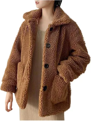 Long Winter Coats for Women Long Sleeve Hoodless Fleece Jackets Casual Loose Heated Coat with Pockets Outerwear