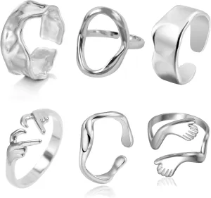 Loqimu 6 Pack Silver Midi Rings Stainless Steel Stackable Rings for Women Open Knuckle Rings Set Wide Irregular Finger Rings for Teen Girls Hug Geometric Fashion Rings Aesthetic Jewelry Gift