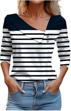 LRMQS Spring Tops for Women 2024 Trendy Casual Long Sleeve Asymmetric V Neck Button Blouses Dressy Woman Shirts Clothing