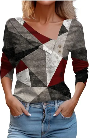 LRMQS Spring Tops for Women 2024 Trendy Casual Long Sleeve Asymmetric V Neck Button Blouses Dressy Woman Shirts Clothing