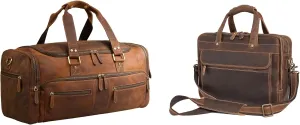 Luxorro Premium Travel Bundle  Vintage Brown Full Grain Leather Duffel (22) & Dark Brown Briefcase (Fits 15.6 Laptop) | Handcrafted Carry-On & Laptop Bag Set