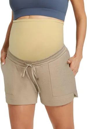 Maacie Maternity Sweat Shorts 2025 High Waist Shorts Lounge Casual Curved Slit Shorts with Pockets