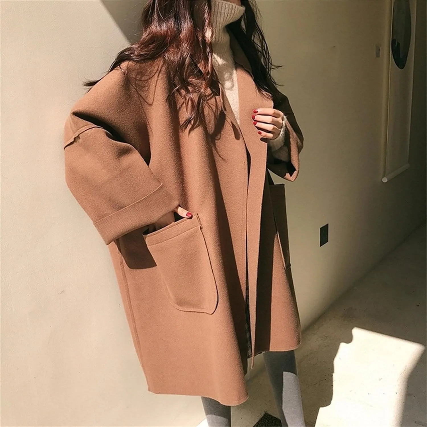 Maiyifu-GJ Women's Notched Lapel Cardigan Jacket Mid-Long Wool Blend Open Front Trench Coats Spring Fall Casual Coat
