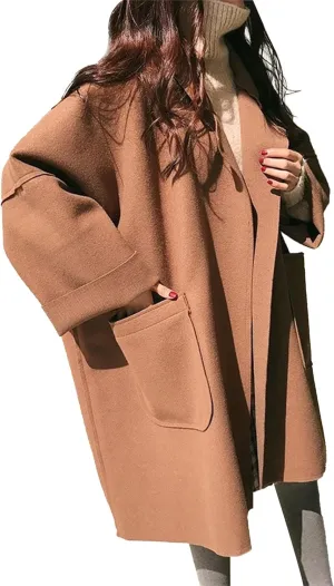 Maiyifu-GJ Women's Notched Lapel Cardigan Jacket Mid-Long Wool Blend Open Front Trench Coats Spring Fall Casual Coat
