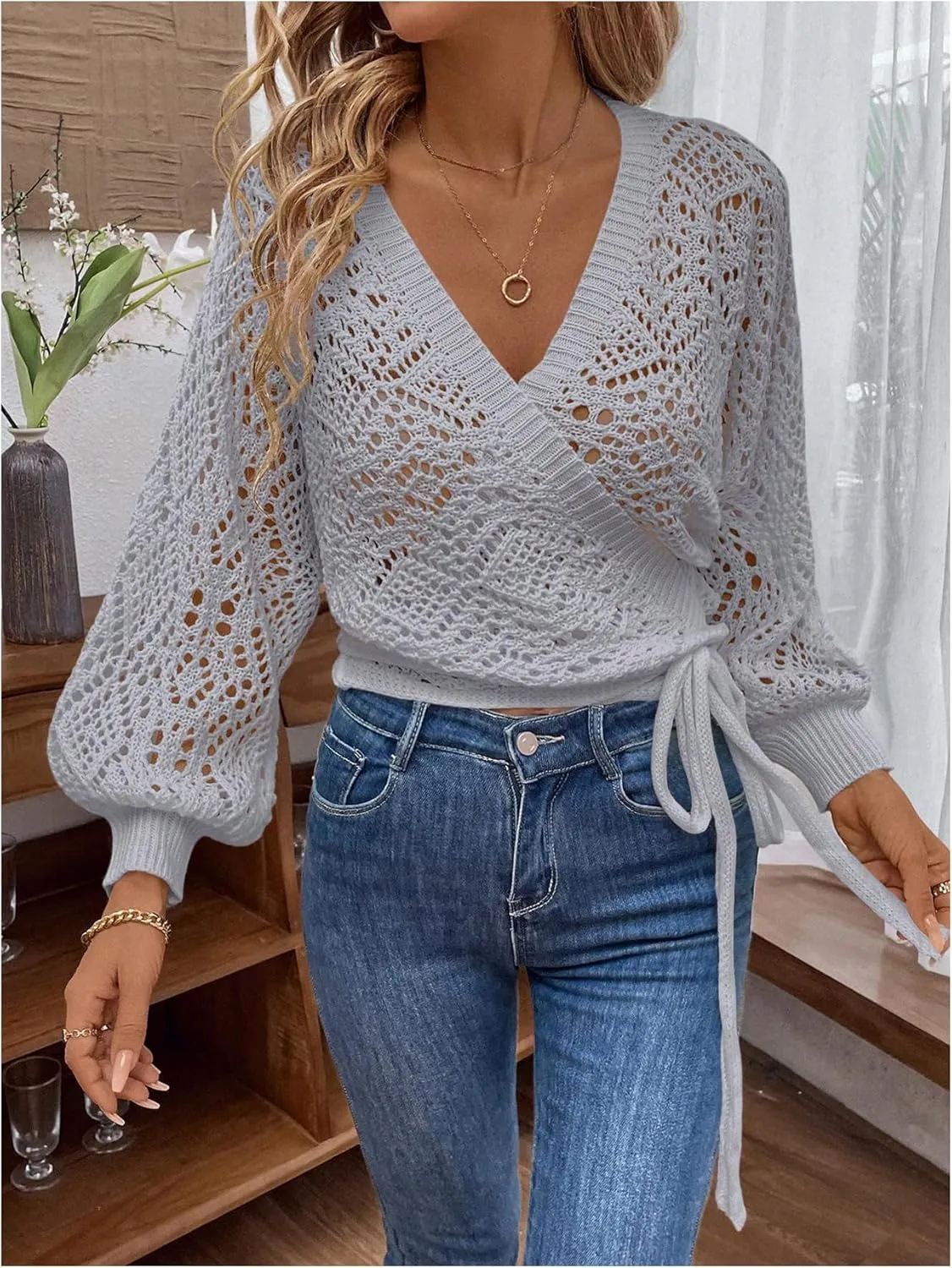 MakeMeChic Women's Pointelle Lantern Sleeve V Neck Wrap Tie Side Cardigan Sweater Crop Knitwear