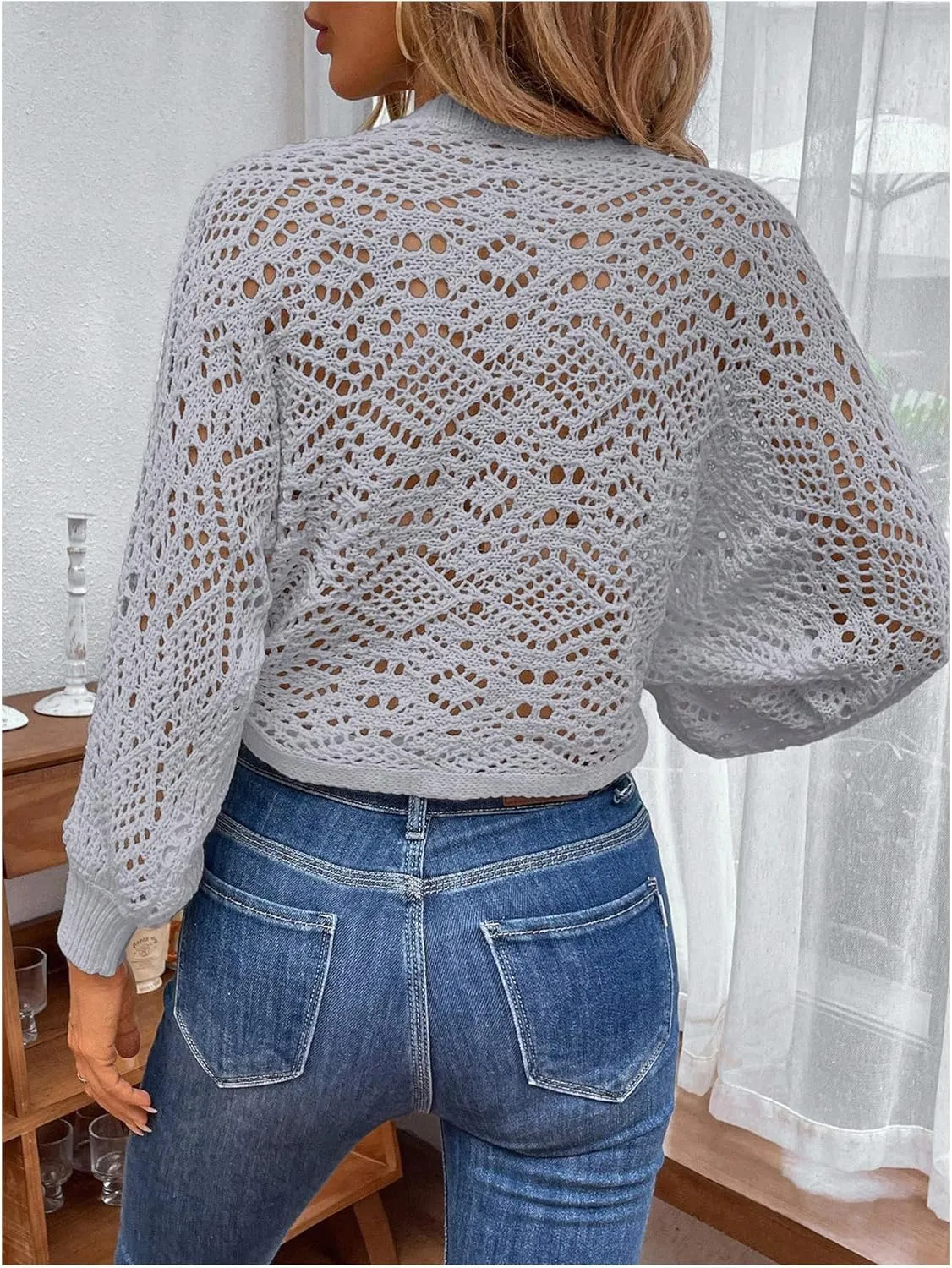 MakeMeChic Women's Pointelle Lantern Sleeve V Neck Wrap Tie Side Cardigan Sweater Crop Knitwear