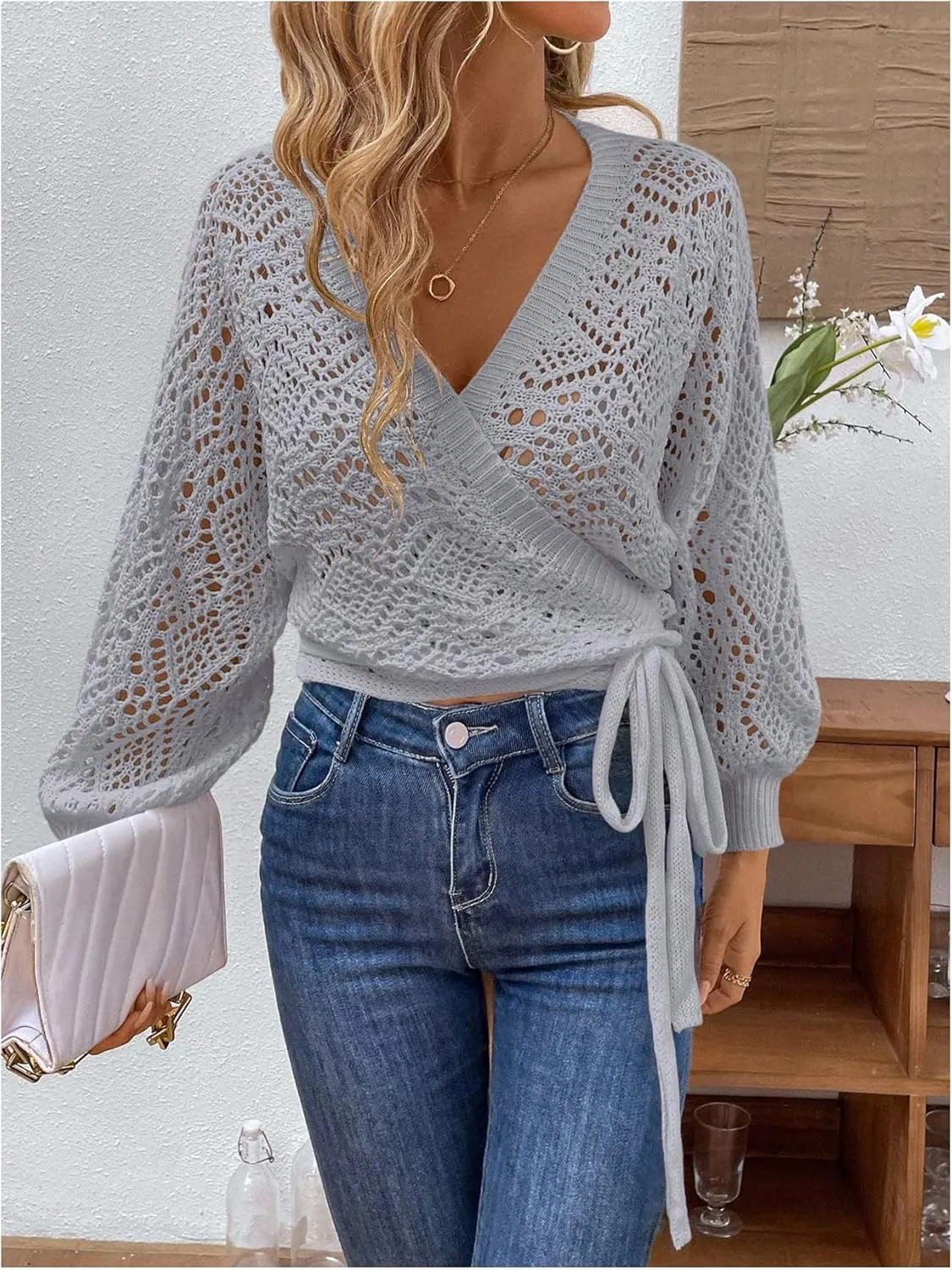 MakeMeChic Women's Pointelle Lantern Sleeve V Neck Wrap Tie Side Cardigan Sweater Crop Knitwear
