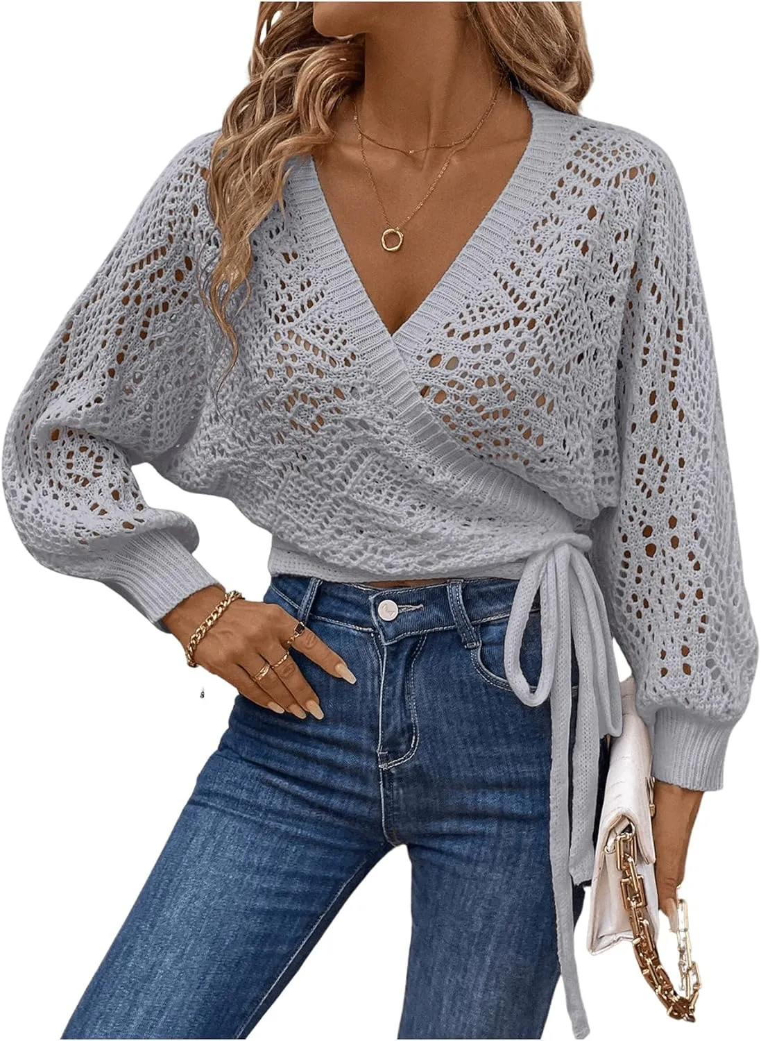 MakeMeChic Women's Pointelle Lantern Sleeve V Neck Wrap Tie Side Cardigan Sweater Crop Knitwear