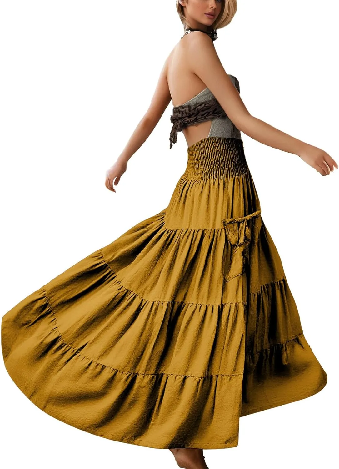 Maxi Long Skirts for Women Ankle Length High Waisted Pleated A Line Flowy Tube Dresses Summer Casual Skirts with Pockets
