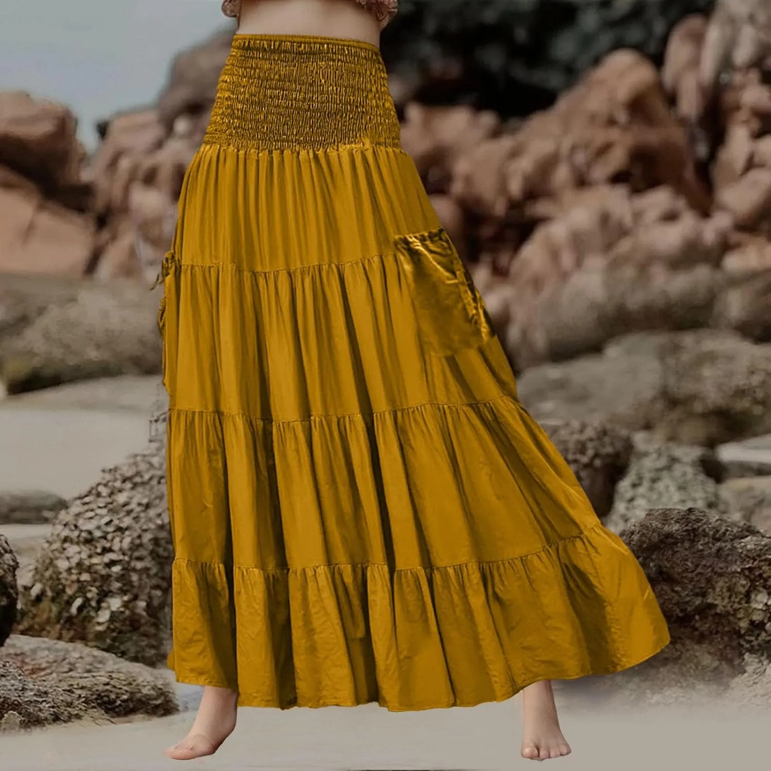 Maxi Long Skirts for Women Ankle Length High Waisted Pleated A Line Flowy Tube Dresses Summer Casual Skirts with Pockets