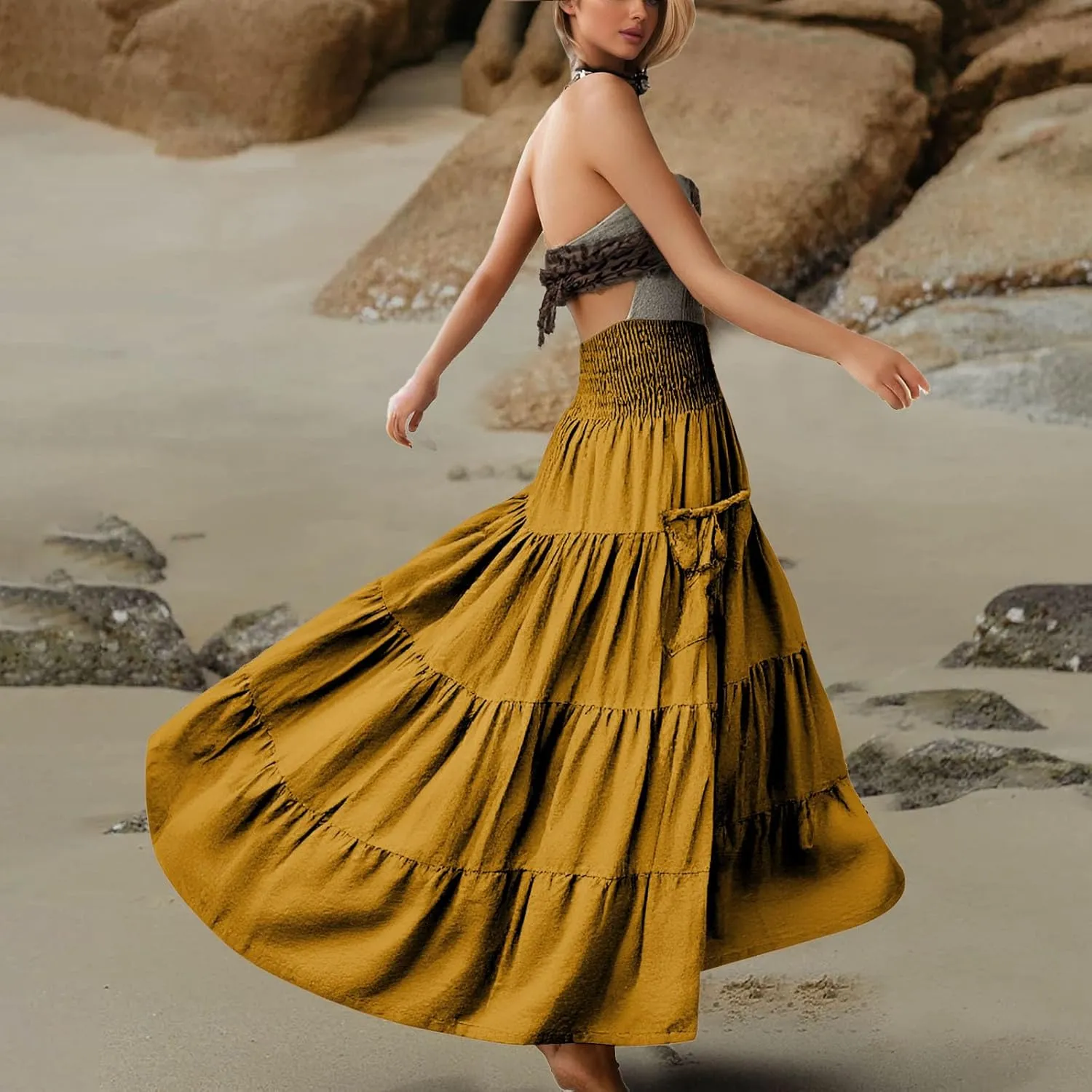 Maxi Long Skirts for Women Ankle Length High Waisted Pleated A Line Flowy Tube Dresses Summer Casual Skirts with Pockets