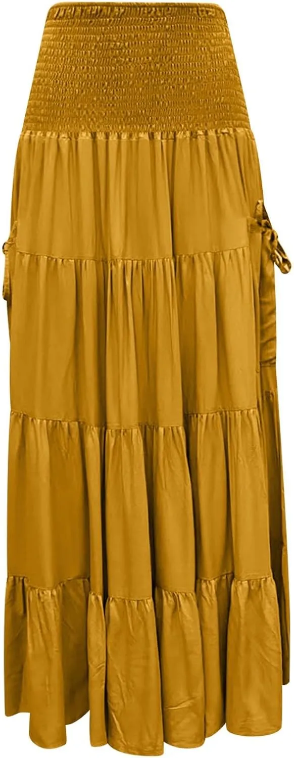 Maxi Long Skirts for Women Ankle Length High Waisted Pleated A Line Flowy Tube Dresses Summer Casual Skirts with Pockets