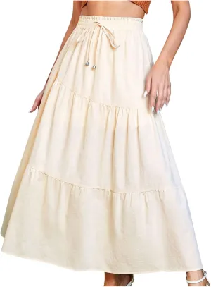 Maxi Skirts for Women Ruffle Long Summer Skirt Elegant High Waist Flared A-Line Skirts Elastic Waisted Causal Skirt