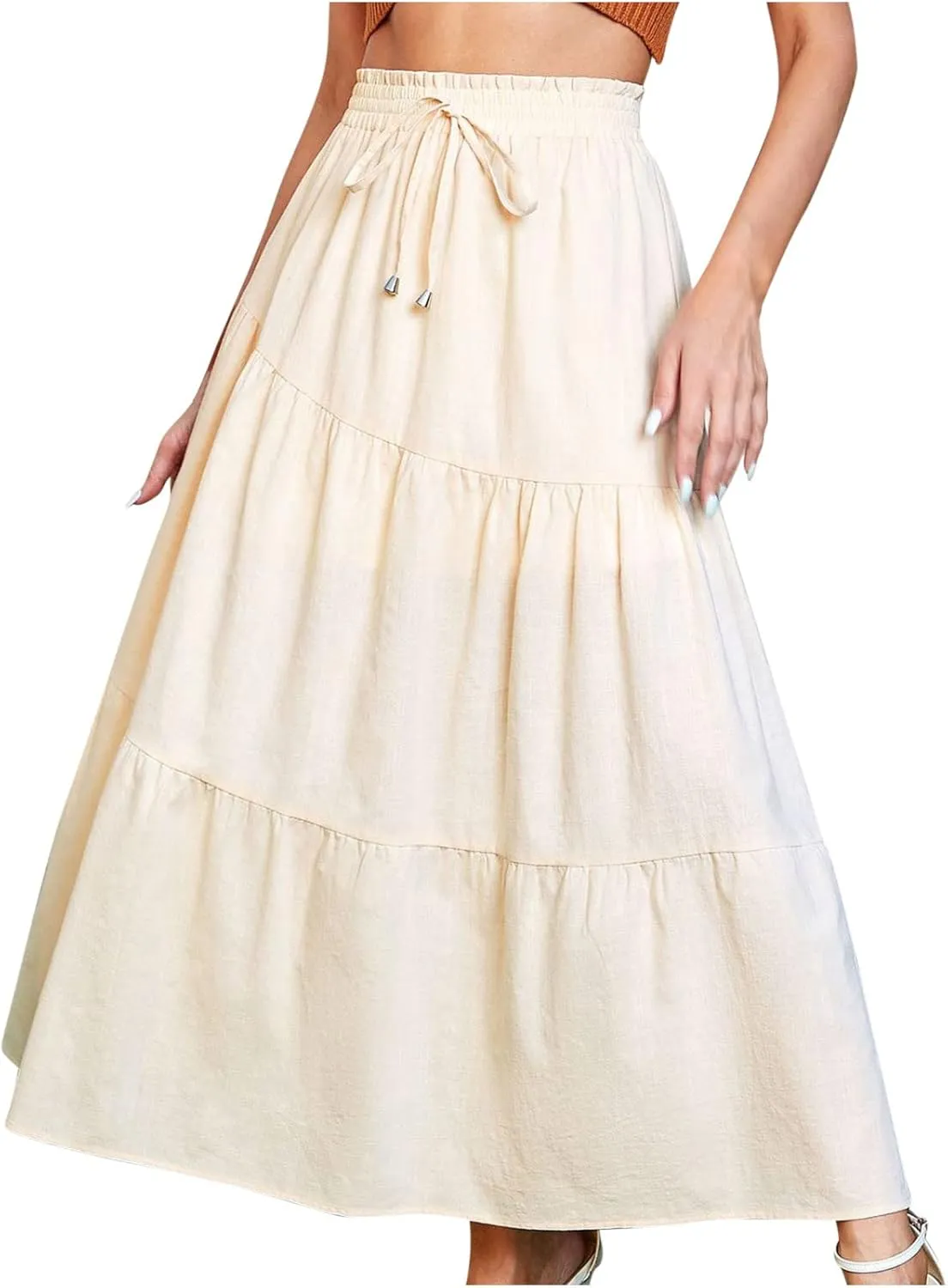 Maxi Skirts for Women Ruffle Long Summer Skirt Elegant High Waist Flared A-Line Skirts Elastic Waisted Causal Skirt