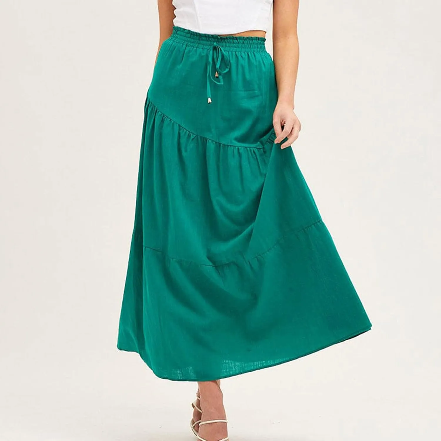 Maxi Skirts for Women Ruffle Long Summer Skirt Elegant High Waist Flared A-Line Skirts Elastic Waisted Causal Skirt