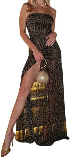 Melliflo Off Shoulder Maxi Dress for Women Leopard Print Tube Dress Summer Flowy Side Slit Ruffle Beach Sundress