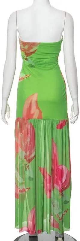 Melliflo Off Shoulder Maxi Dress for Women Leopard Print Tube Dress Summer Flowy Side Slit Ruffle Beach Sundress