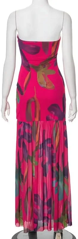 Melliflo Off Shoulder Maxi Dress for Women Leopard Print Tube Dress Summer Flowy Side Slit Ruffle Beach Sundress