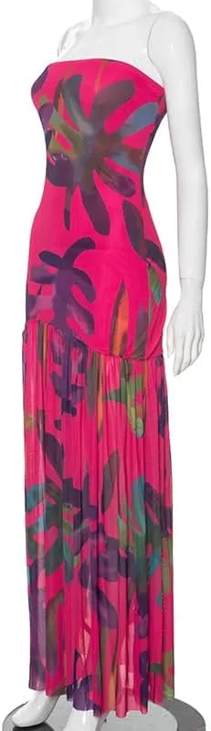 Melliflo Off Shoulder Maxi Dress for Women Leopard Print Tube Dress Summer Flowy Side Slit Ruffle Beach Sundress
