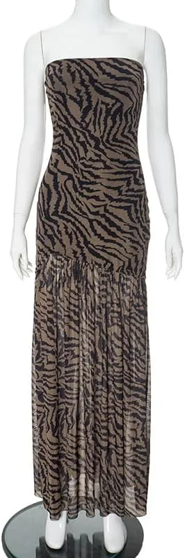 Melliflo Off Shoulder Maxi Dress for Women Leopard Print Tube Dress Summer Flowy Side Slit Ruffle Beach Sundress