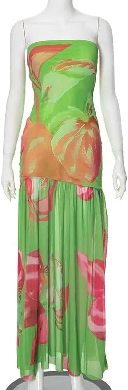 Melliflo Off Shoulder Maxi Dress for Women Leopard Print Tube Dress Summer Flowy Side Slit Ruffle Beach Sundress
