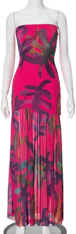 Melliflo Off Shoulder Maxi Dress for Women Leopard Print Tube Dress Summer Flowy Side Slit Ruffle Beach Sundress