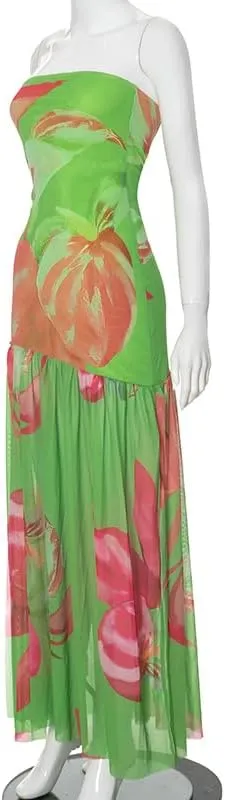 Melliflo Off Shoulder Maxi Dress for Women Leopard Print Tube Dress Summer Flowy Side Slit Ruffle Beach Sundress