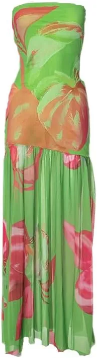 Melliflo Off Shoulder Maxi Dress for Women Leopard Print Tube Dress Summer Flowy Side Slit Ruffle Beach Sundress