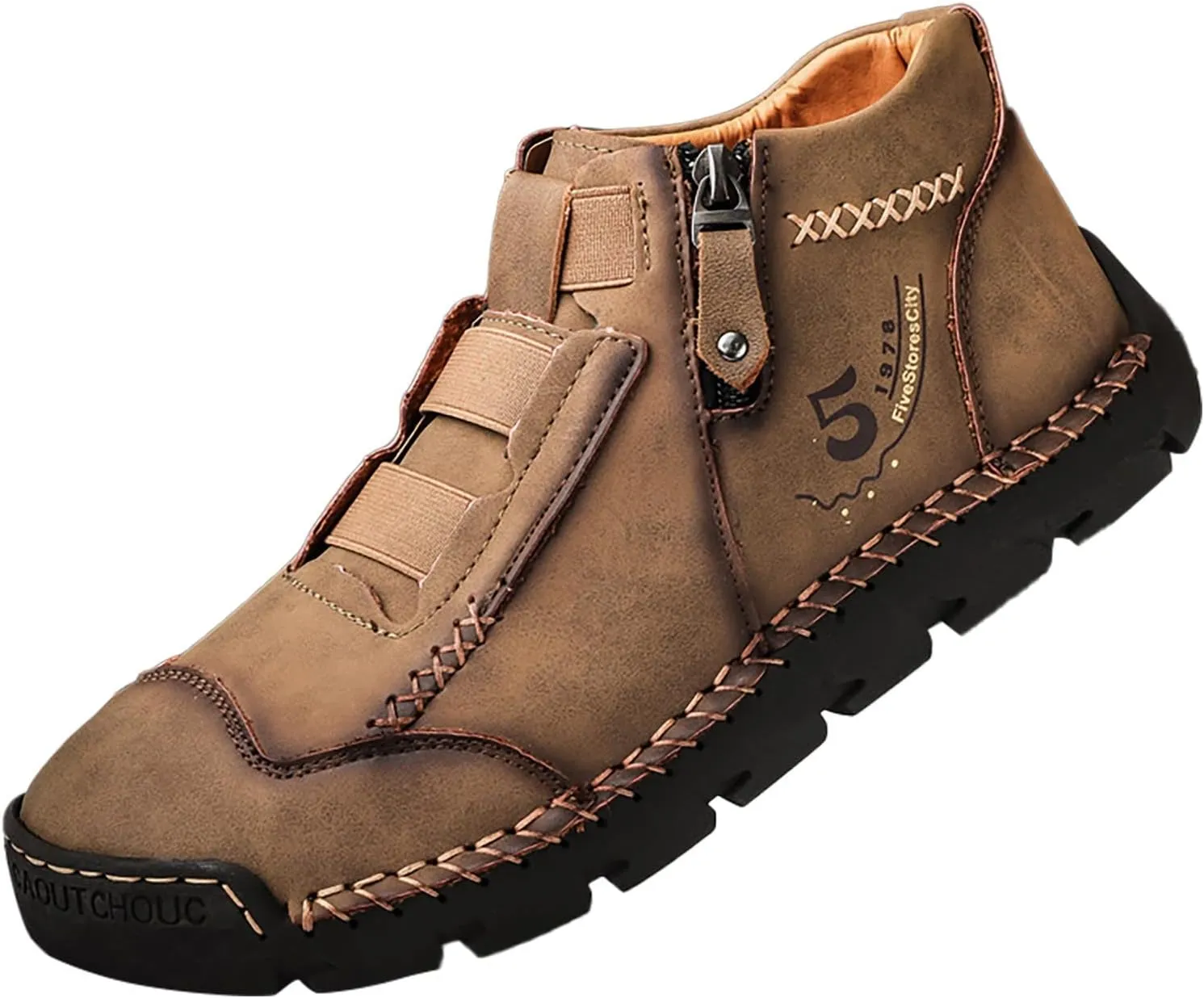 Men's British Large Casual Leather Foreign Trade Zipper Sports Shoes Sneaker Rack for Men (Khaki, 6)