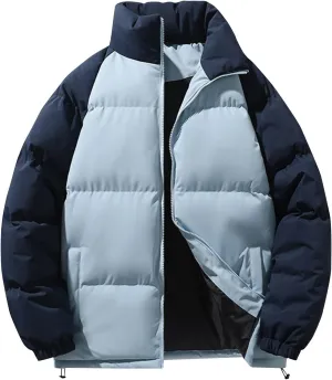 Men's Down Puffer Jacket Winter Warm Coats Color Block Stand Collar Cotton Padded Windproof Outerwear