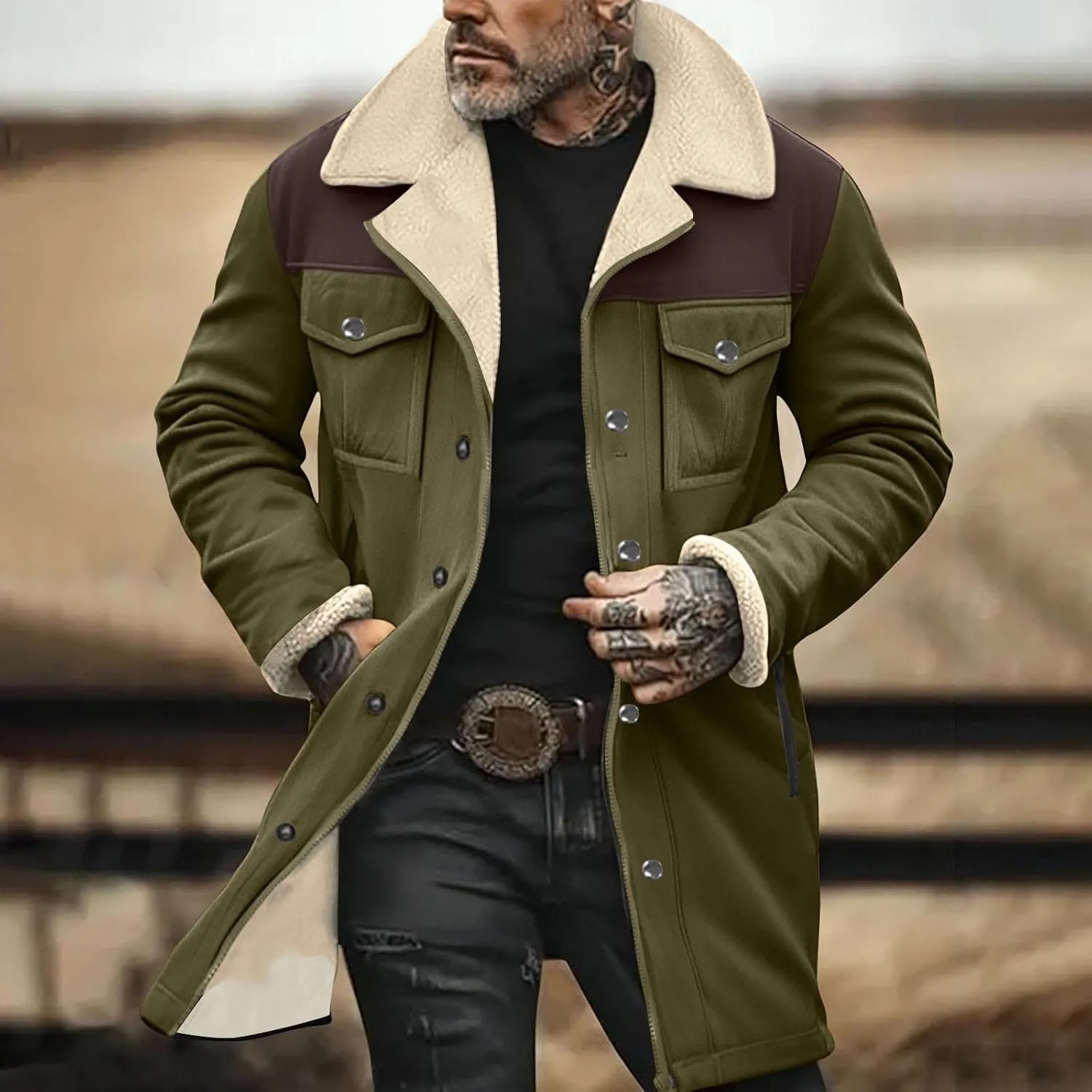 Mens Faux Suede Leather Jackets Sherpa Fleece Lined Trucker Jacket Notch Lapel Button Down Winter Sport Coat