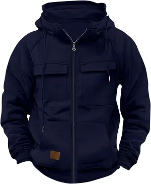 Men's Full-Zip Green Hoodie with Multiple Pockets, Soft Fleece, Adjustable Drawstring Hood, Casual Wear