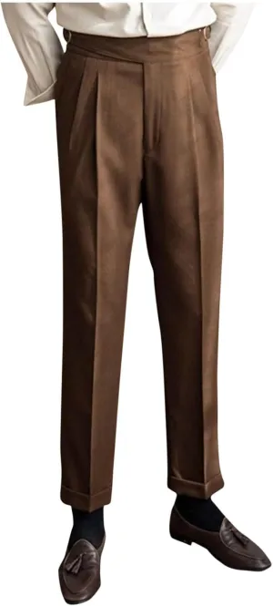 Men's High Waist Dress Pants Business Casual Slim Fit Bottoms Pleated Tailored Trousers Officewear Style