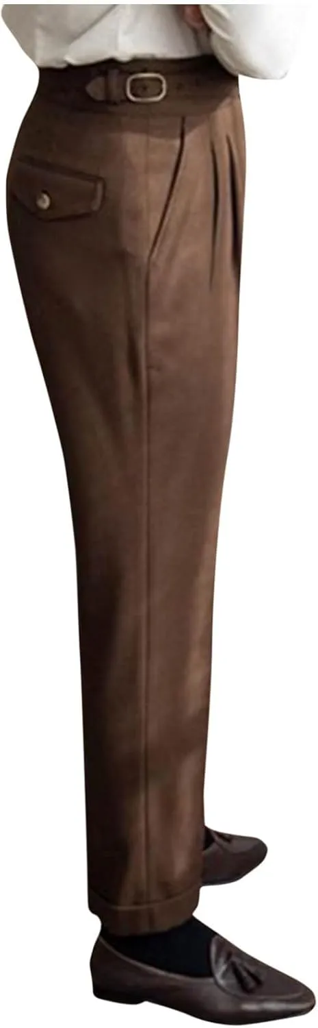 Men's High Waist Dress Pants Business Casual Slim Fit Bottoms Pleated Tailored Trousers Officewear Style