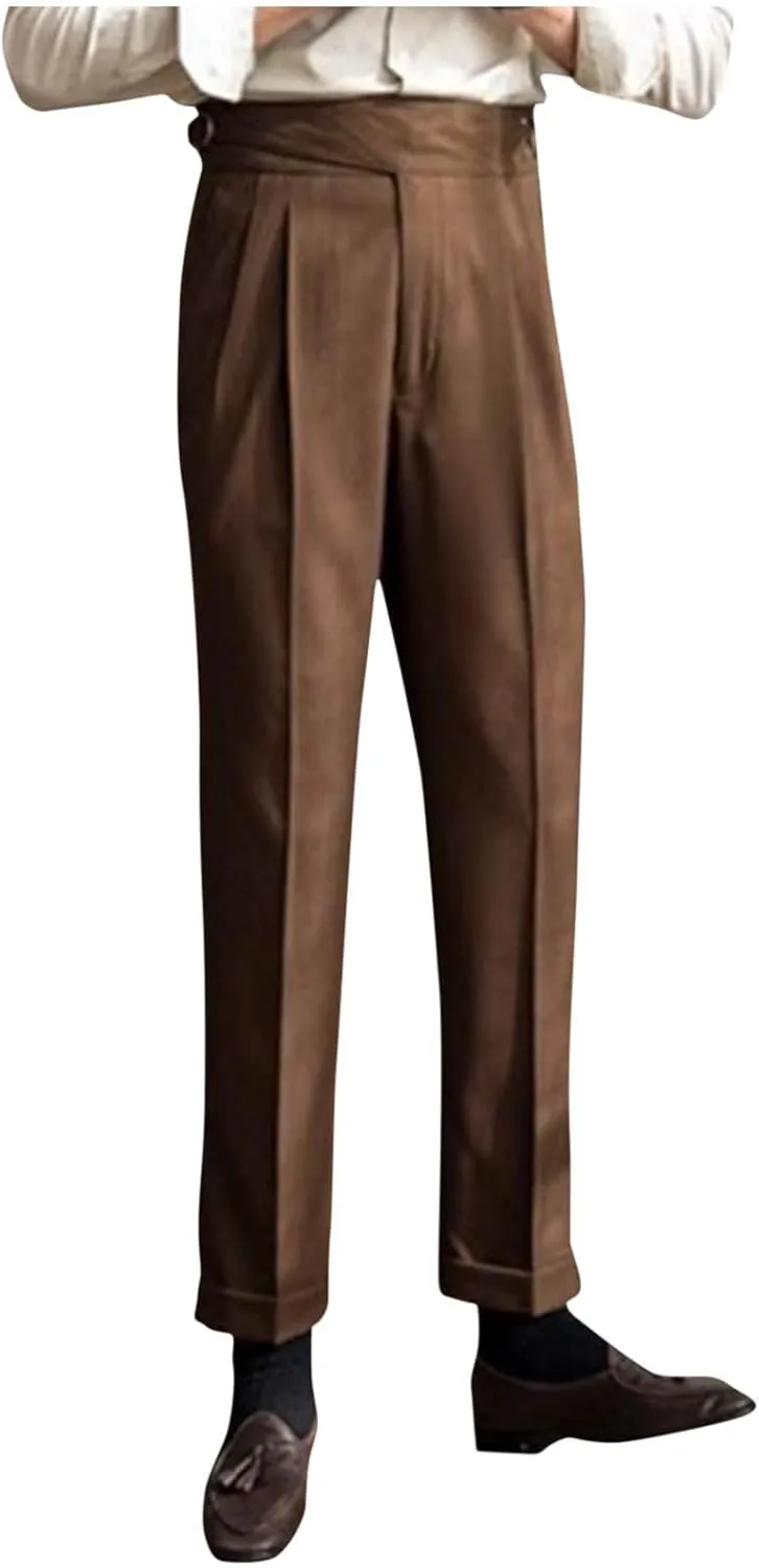 Men's High Waist Dress Pants Business Casual Slim Fit Bottoms Pleated Tailored Trousers Officewear Style