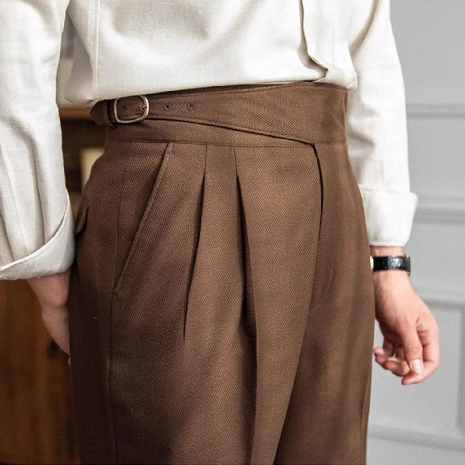 Men's High Waist Dress Pants Business Casual Slim Fit Bottoms Pleated Tailored Trousers Officewear Style