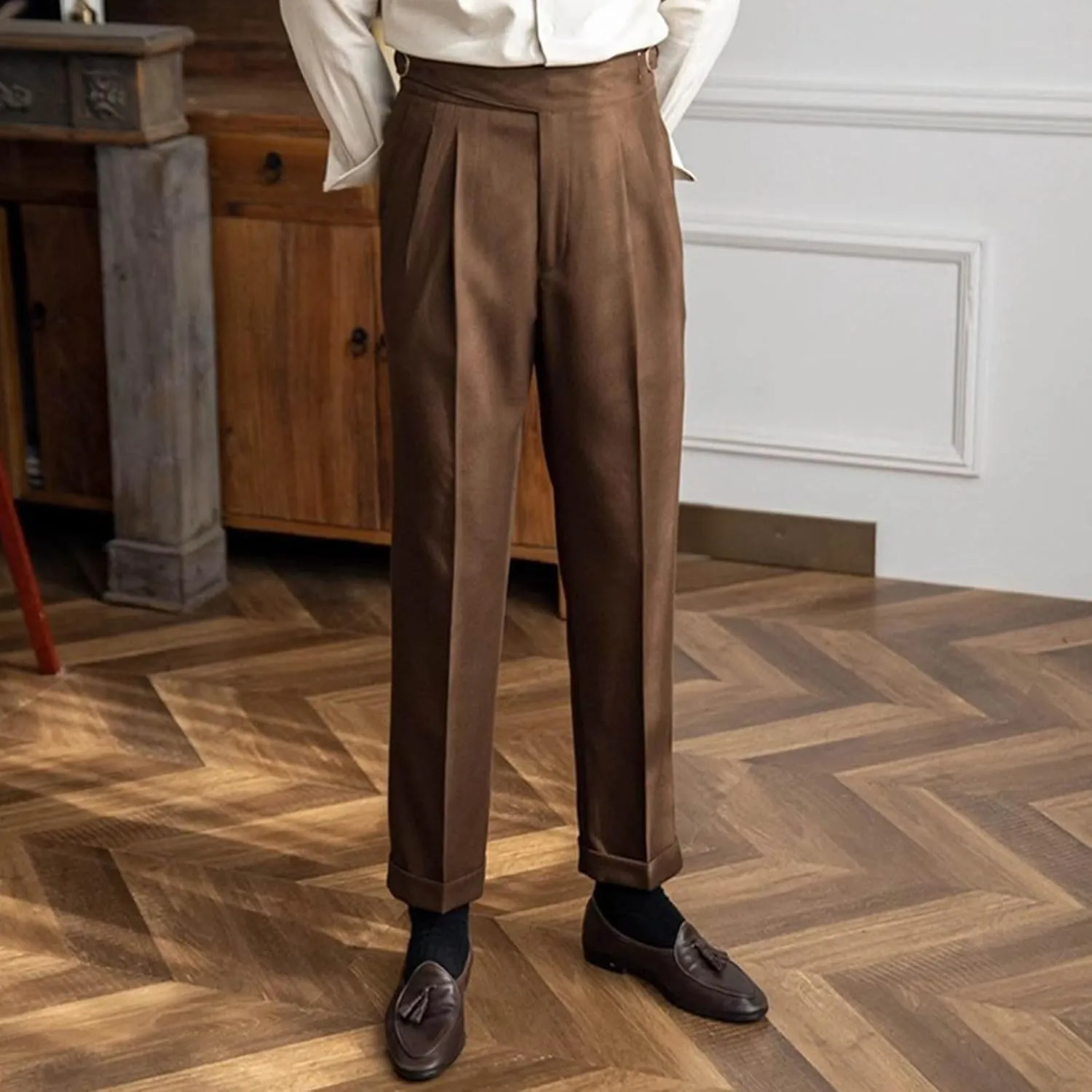 Men's High Waist Dress Pants Business Casual Slim Fit Bottoms Pleated Tailored Trousers Officewear Style