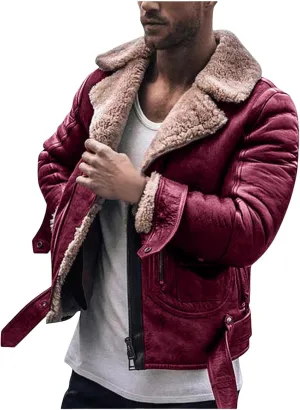Men's Lamb Wool Bomber Jackets Faux Leather Sherpa Fleece Lined Coats Heavyweight Suede Faux Fur Trench-Coat