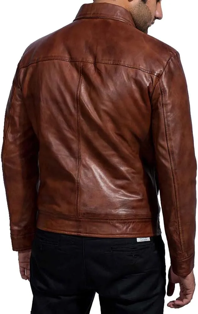 Mens Leather Jacket - Real Lambskin Classic Vintage Style Leather Jackets For Men Brown Leather Jacket for Mens