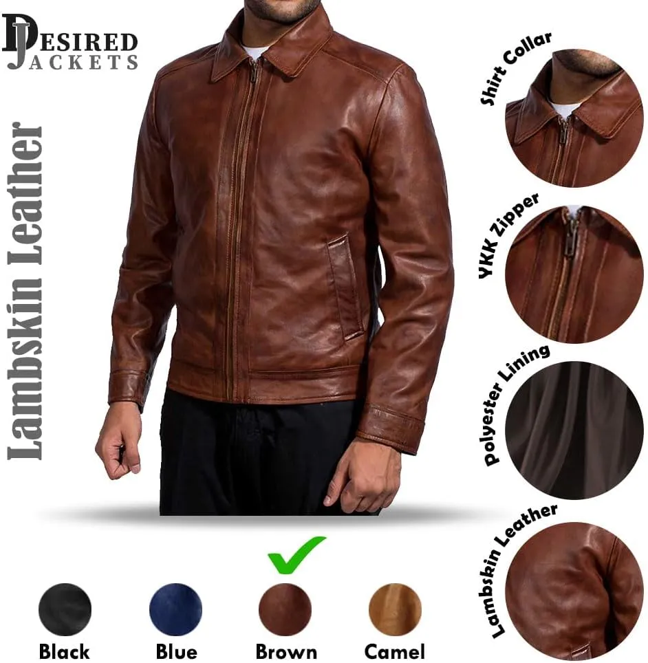 Mens Leather Jacket - Real Lambskin Classic Vintage Style Leather Jackets For Men Brown Leather Jacket for Mens