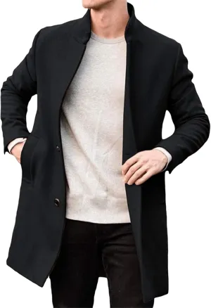 Mens Mid Length Long Sleeve Trench Coat Thick Woolen Overcoat Single Breasted Notch Lapel Slim Fit Jacket with Pockets