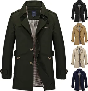 Mens Slim Notched Collar Single Breasted Cotton Jacket Office Trench Coat Mid Length Wool Blend Pea Coat for Outdoor Fall