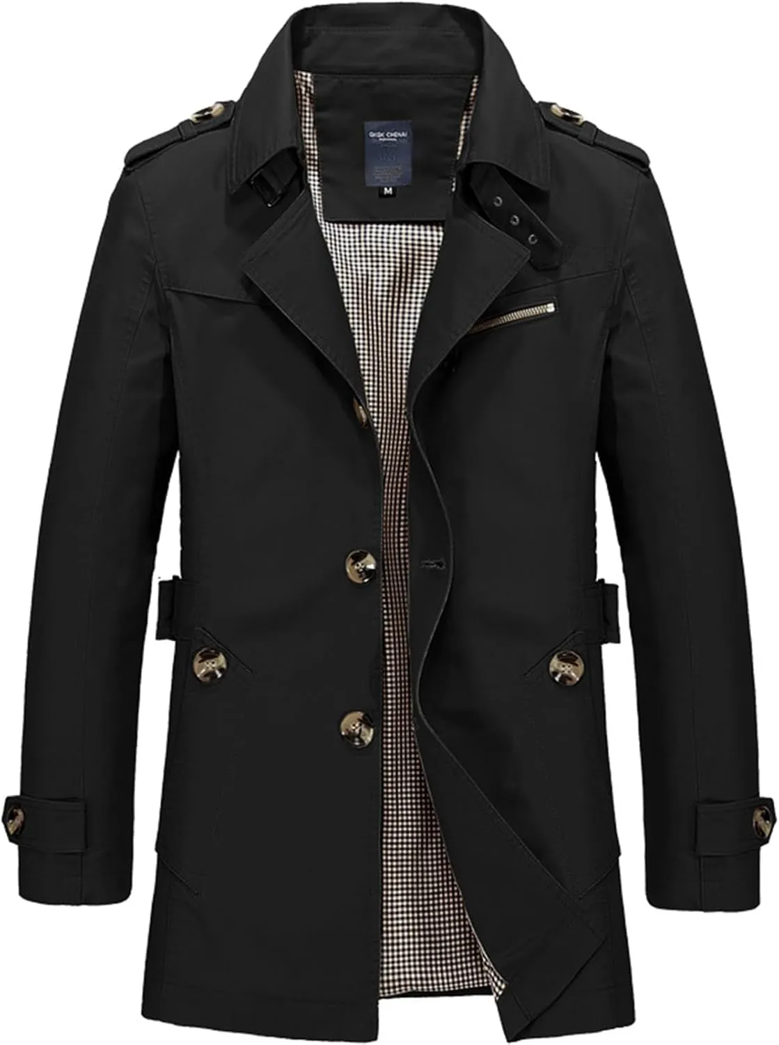 Mens Slim Notched Collar Single Breasted Cotton Jacket Office Trench Coat Mid Length Wool Blend Pea Coat for Outdoor Fall
