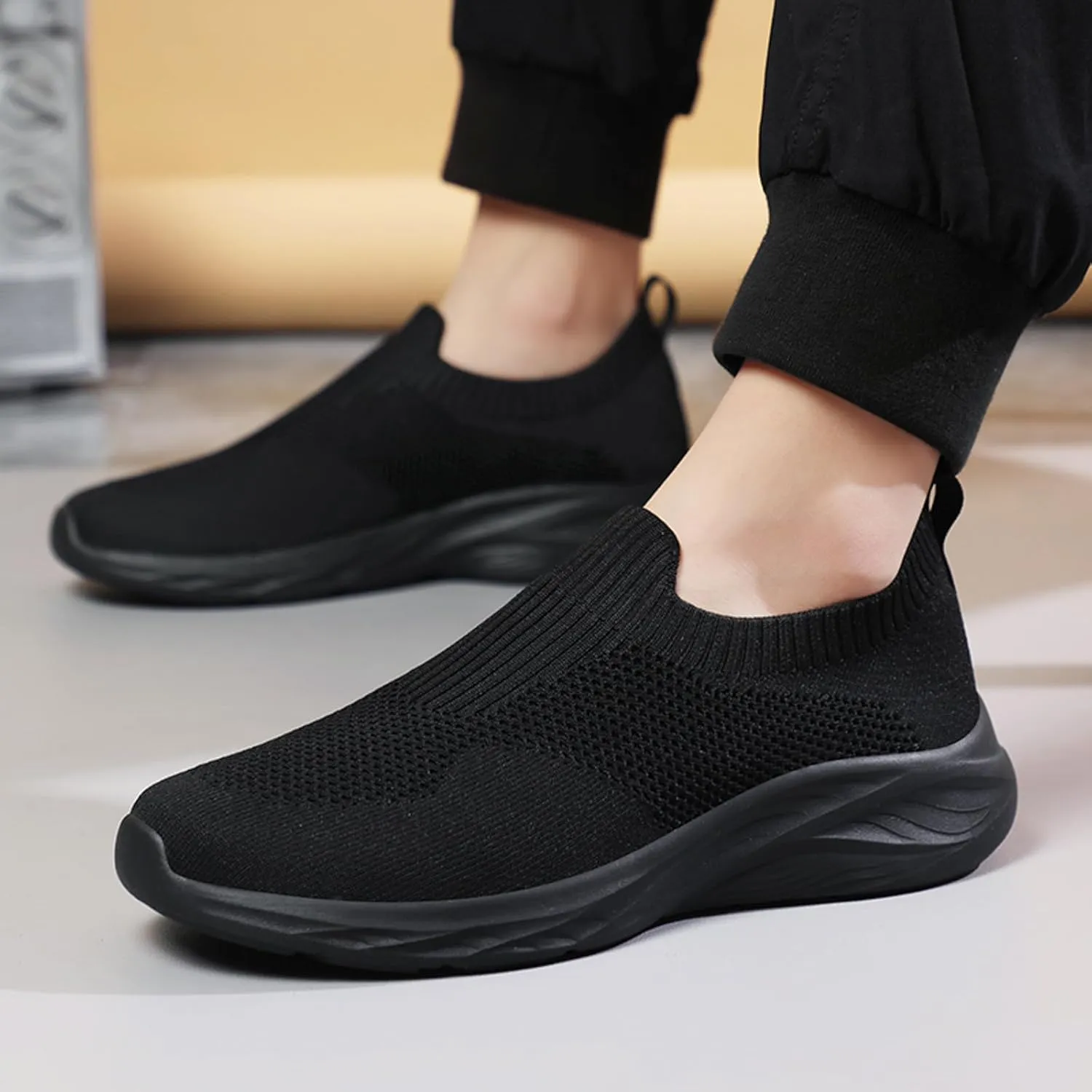 Men's Slip On Sock Shoes Breathable Elastic Knit Sneakers Lightweight Cushion Walking Shoes Non Slip Elderly Shoe