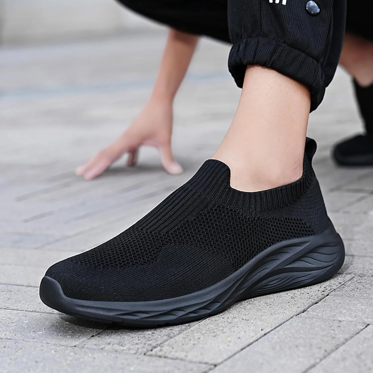 Men's Slip On Sock Shoes Breathable Elastic Knit Sneakers Lightweight Cushion Walking Shoes Non Slip Elderly Shoe